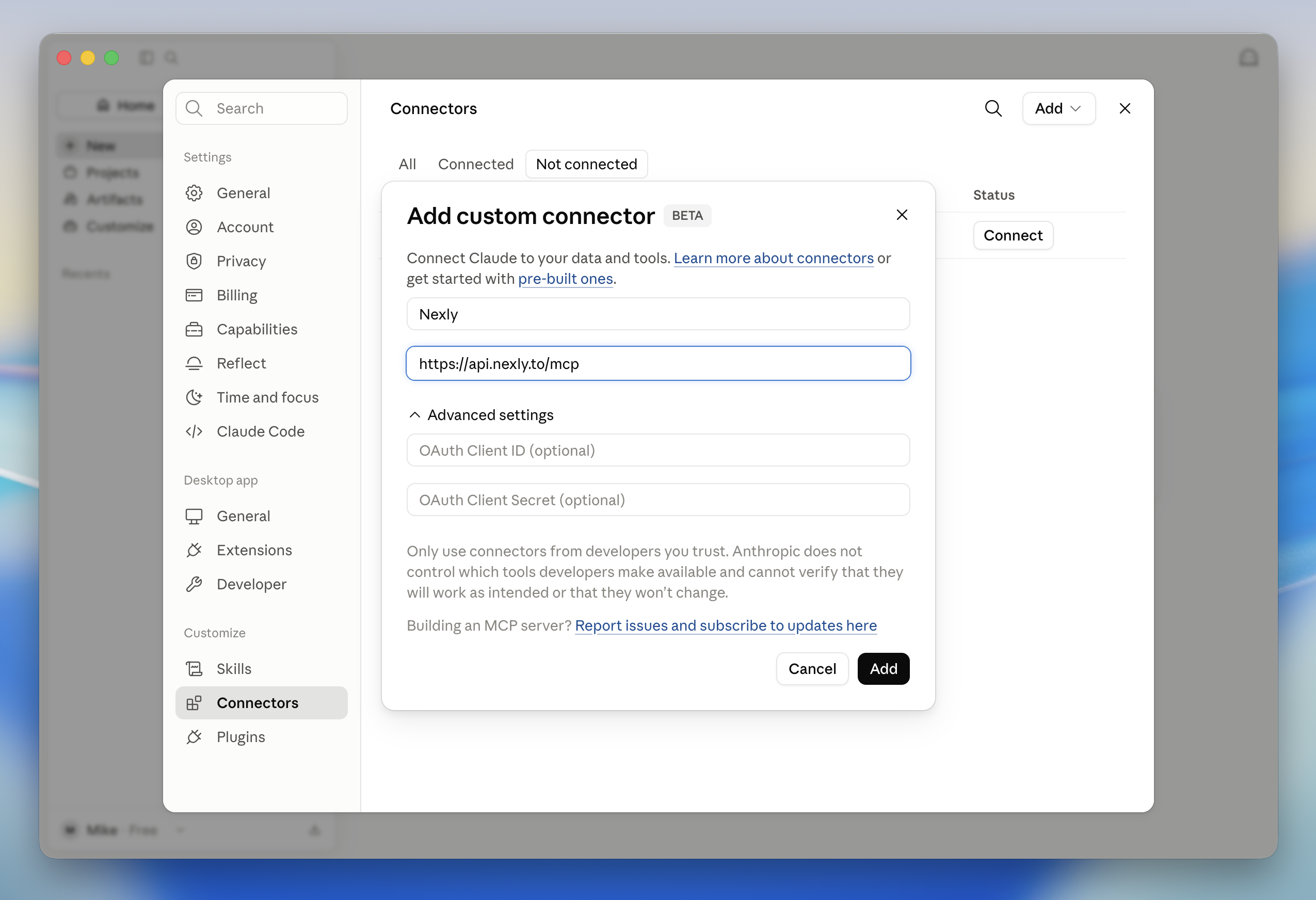 Add custom connector dialog with the Nexly server URL