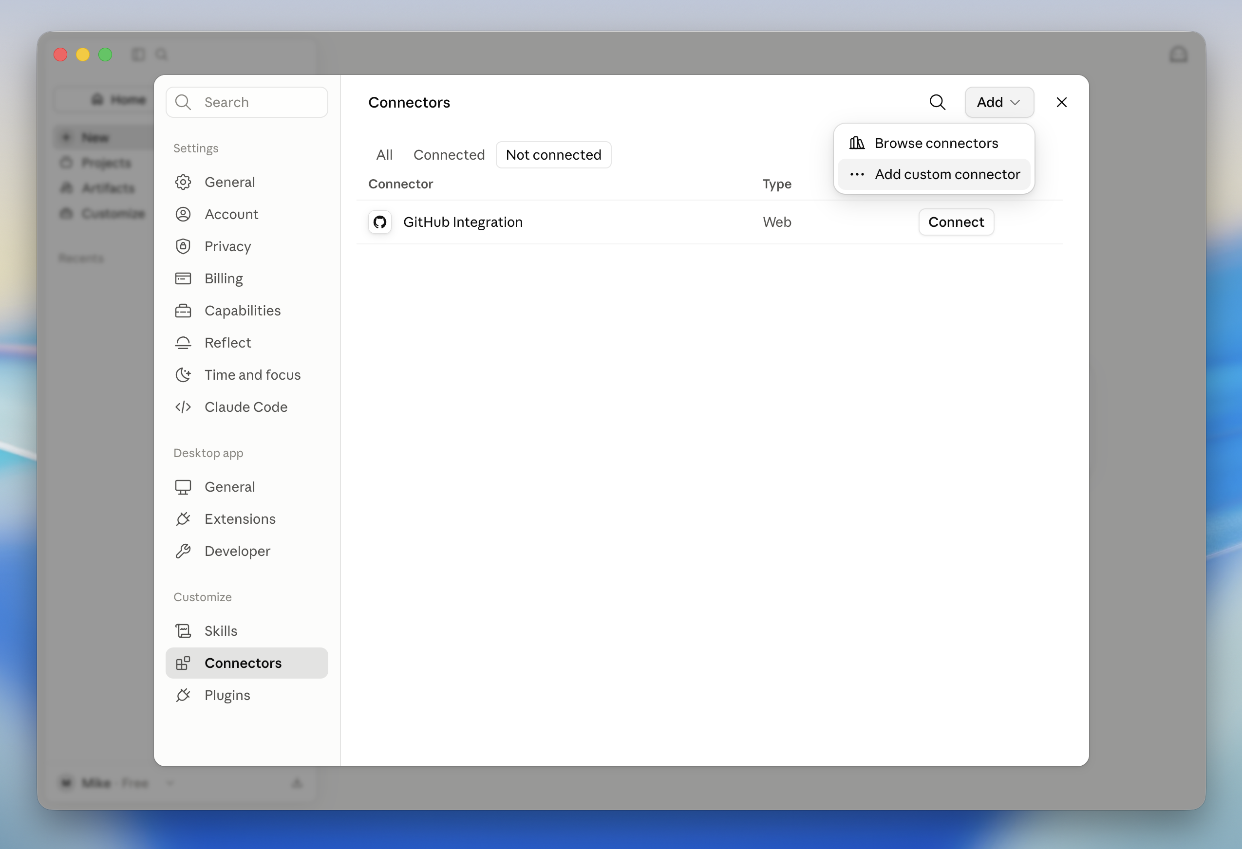 Connectors settings in Claude with the Add custom connector menu