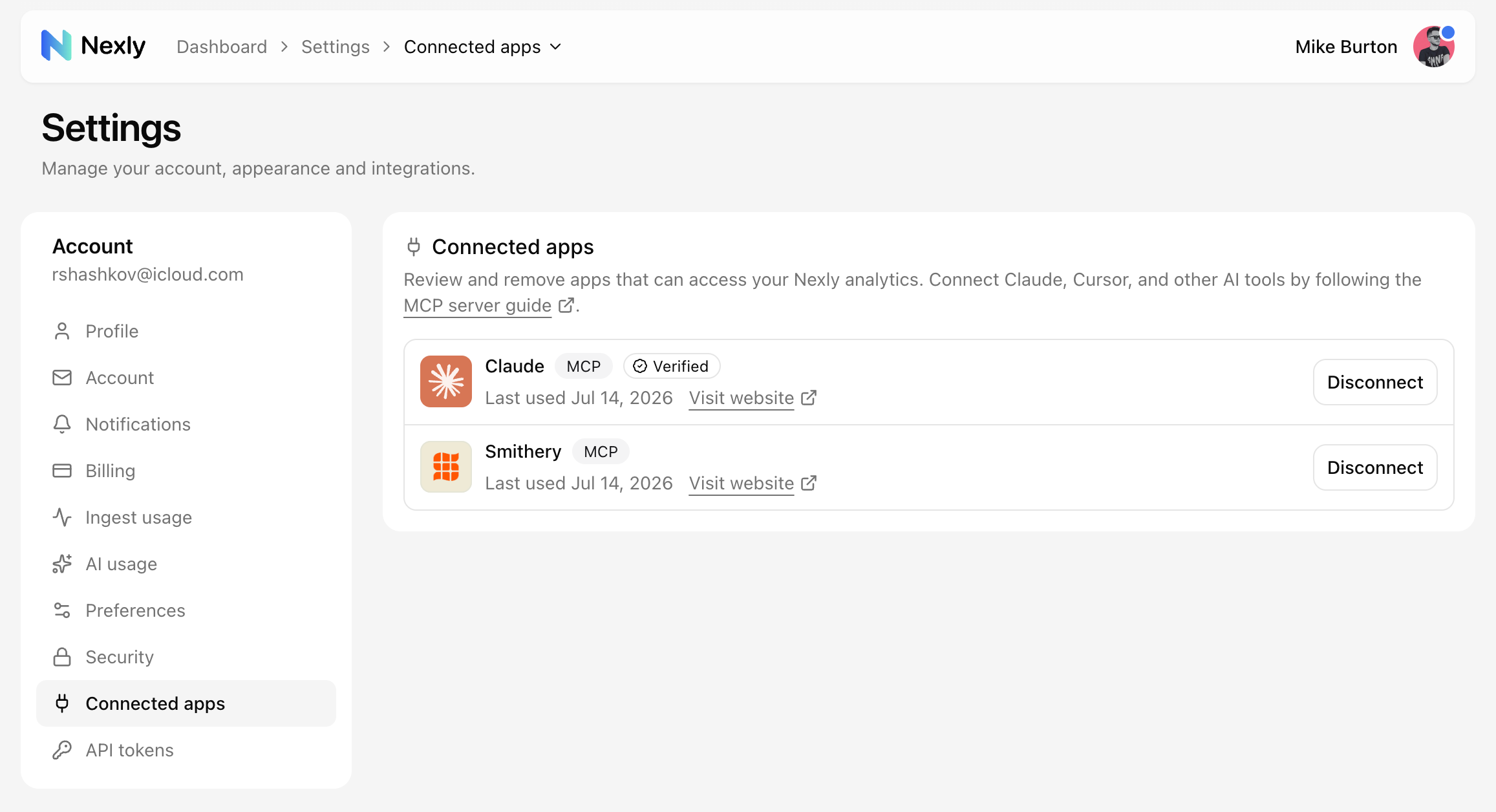 Connected apps settings with authorized MCP clients