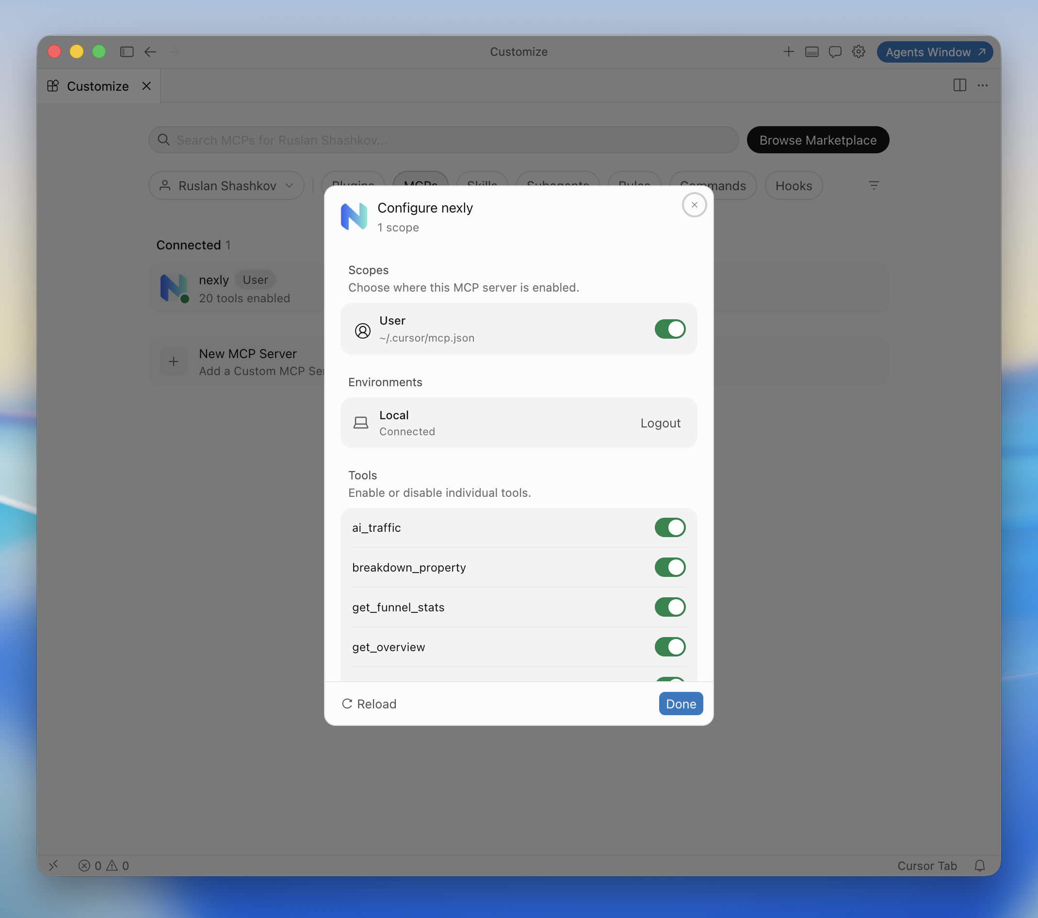 Connected Nexly server in Cursor with the tool list