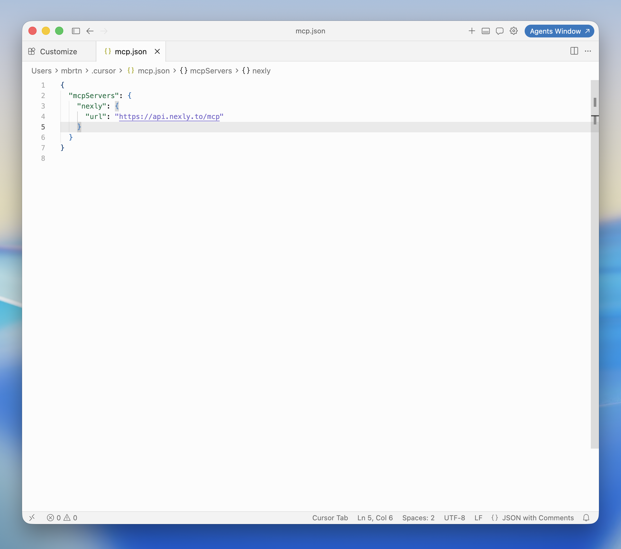 mcp.json in Cursor with the Nexly server entry